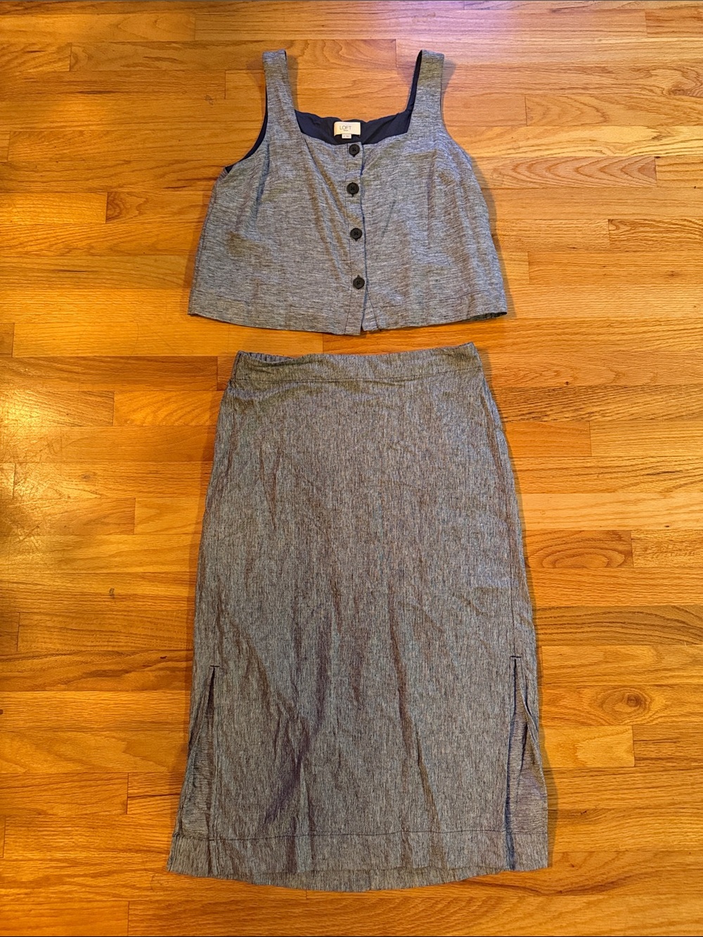 LOFT Navy Sleeveless Button-Front Crop Top with Pencil Skirt